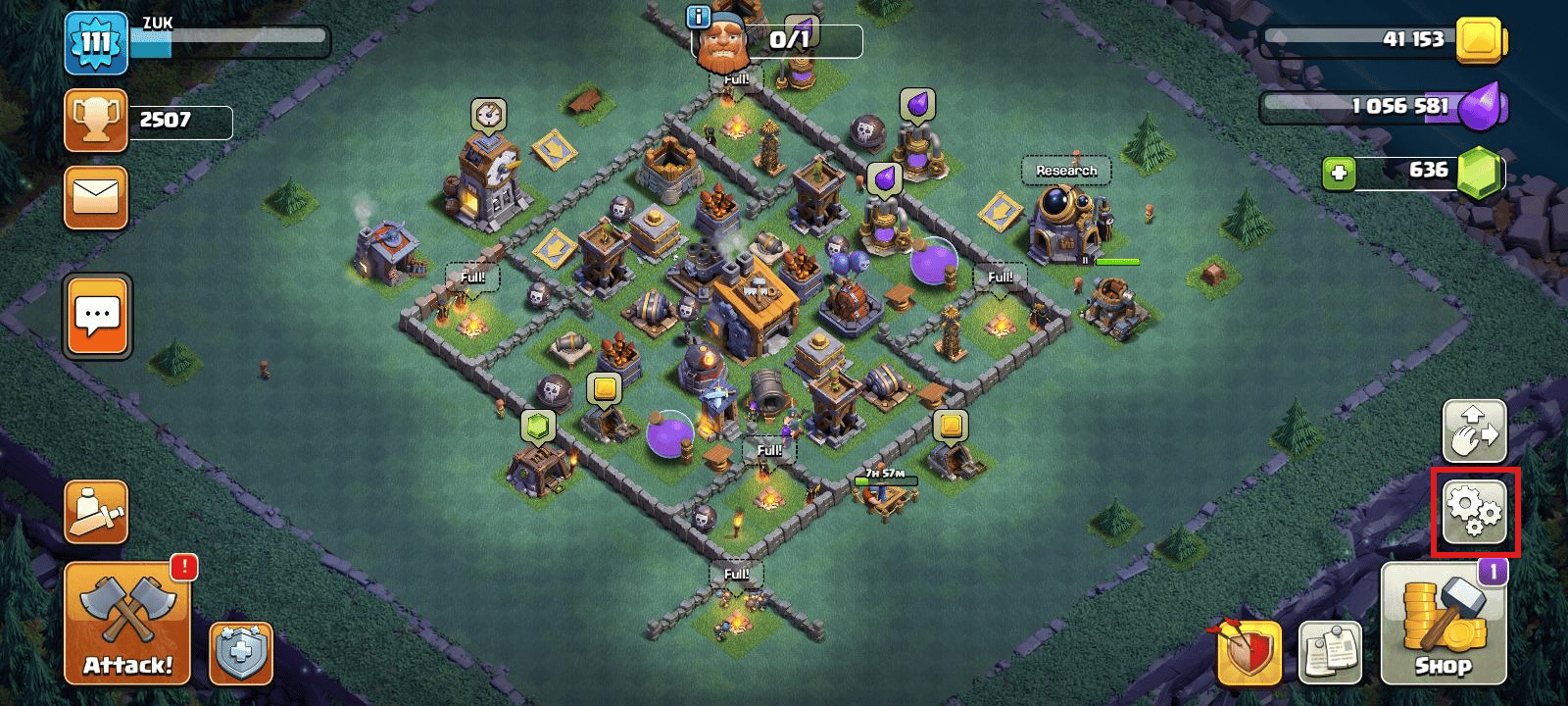 Toque el ícono de Configuración |  Como borrar cuenta de clash royale |  eliminar Supercell ID de Clash Royale