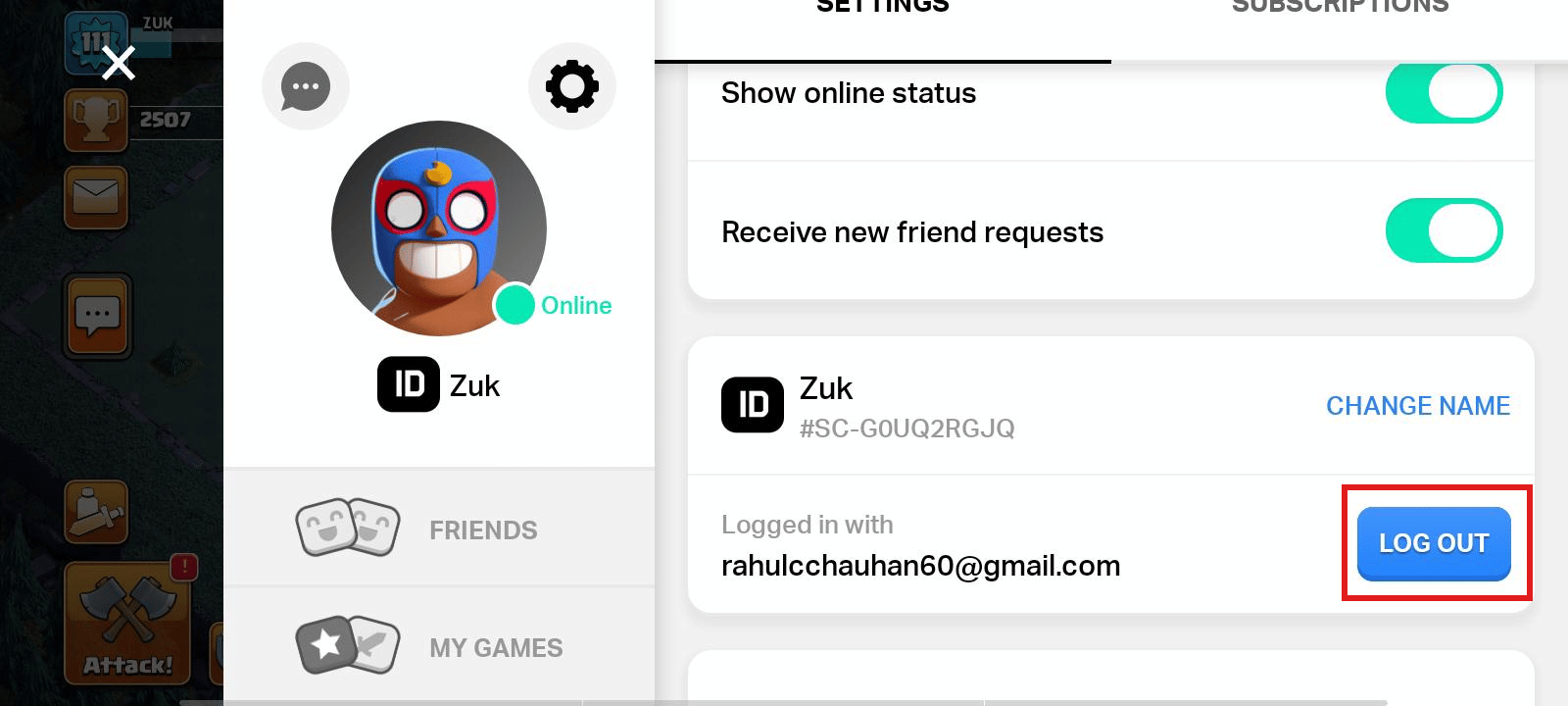 Toca CERRAR SESIÓN.  |  eliminar Supercell ID de Clash Royale