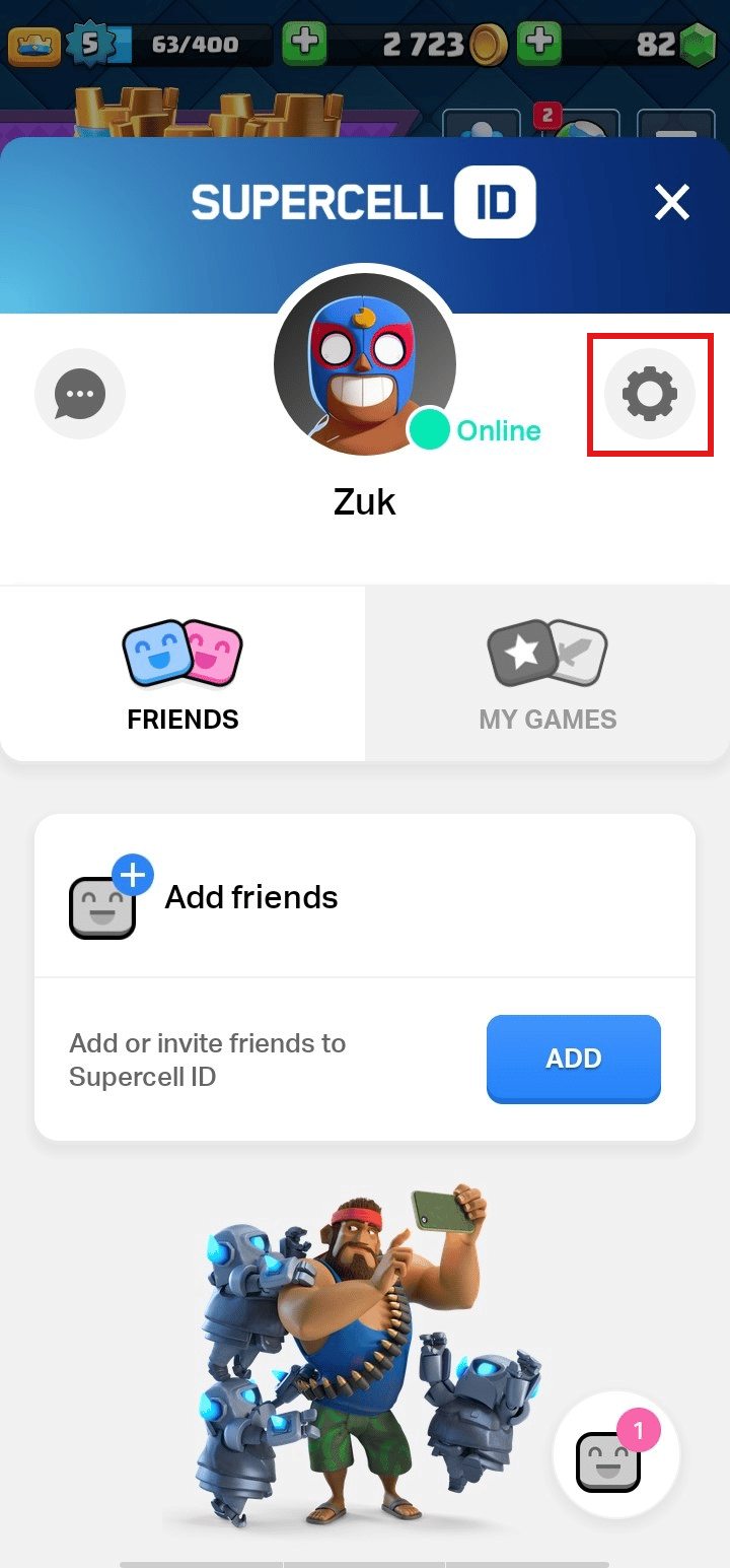 Toque el ícono de Configuración en la parte superior del perfil de su cuenta.  |  eliminar Supercell ID de Clash Royale