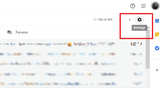 Haga clic en el símbolo de engranaje del cliente web de Gmail