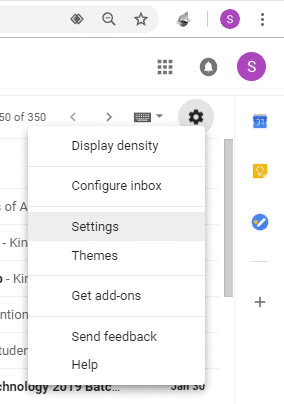 Haga clic en el ícono de ajustes y luego seleccione Configuración en Gmail