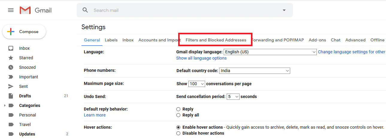Cambie a la pestaña Filtros y direcciones bloqueadas en la configuración de Gmail