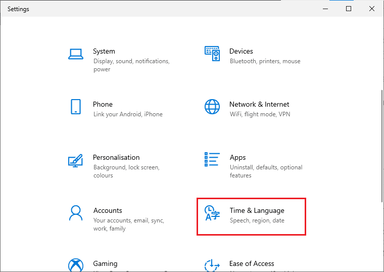 haga clic en Configuración de hora e idioma.  Arreglar los componentes del sistema de Windows debe ser un problema reparado
