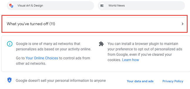 Ver qué anuncios e intereses ha desactivado