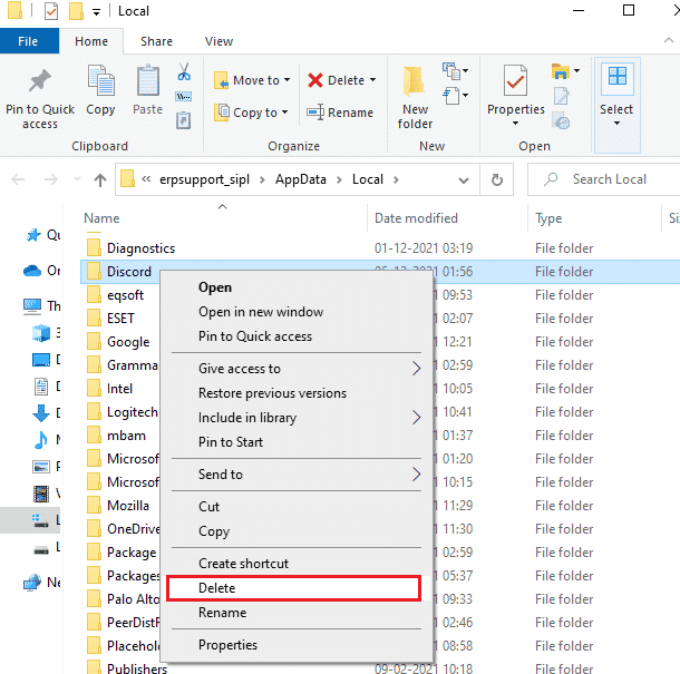 Encuentre la carpeta Discord usando el menú de búsqueda y elimínela. Arreglar Discord un error de red desconocido en Windows 10