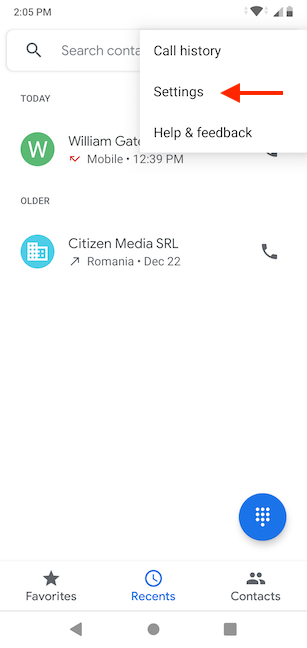 Acceder a la configuración de la aplicación Teléfono