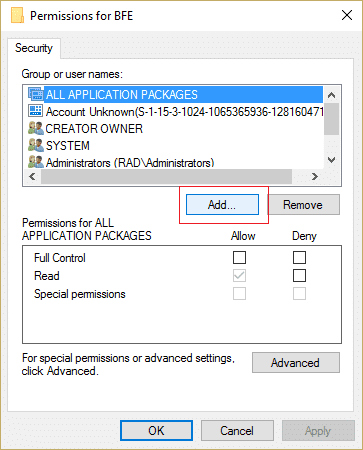 haga clic en agregar en Permisos para BFE