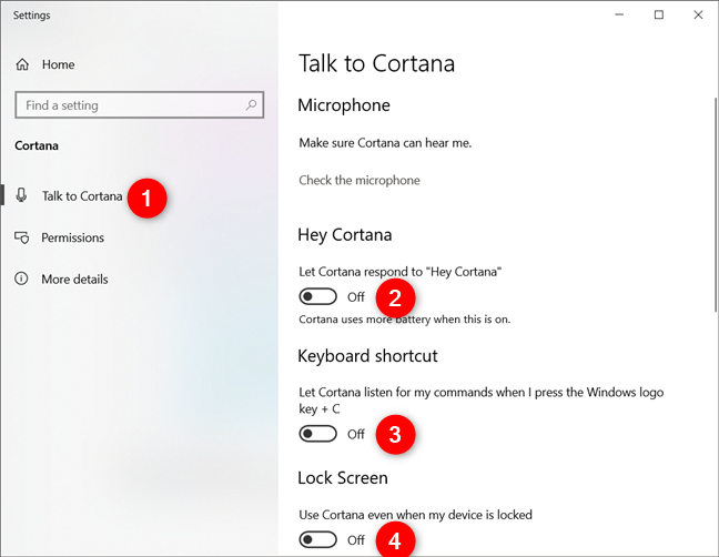 Apague todos los interruptores en la página Hablar con Cortana