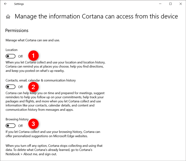 Deshabilite todos los interruptores de la página de permisos de Cortana en la configuración de Windows 10