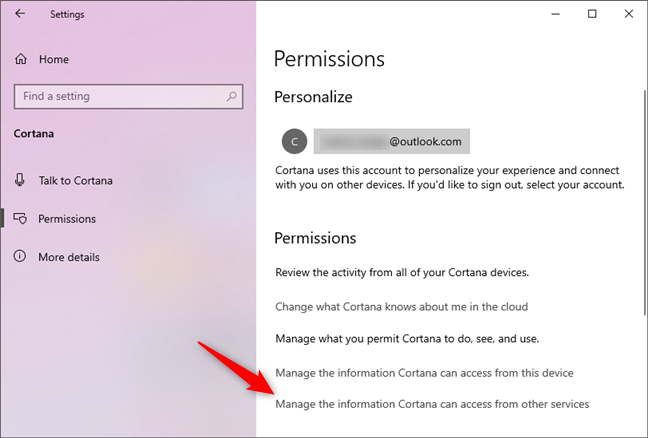 Administrar la información a la que Cortana puede acceder desde otros servicios