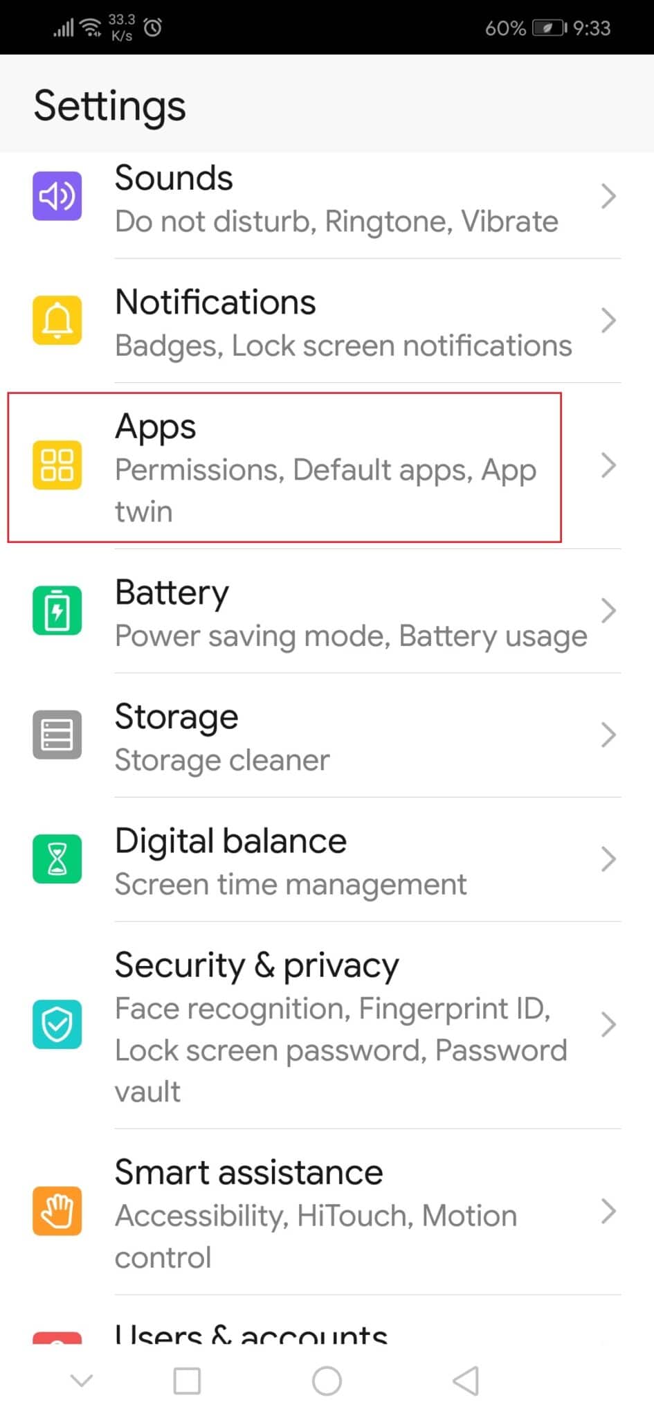 toque aplicaciones en la Configuración