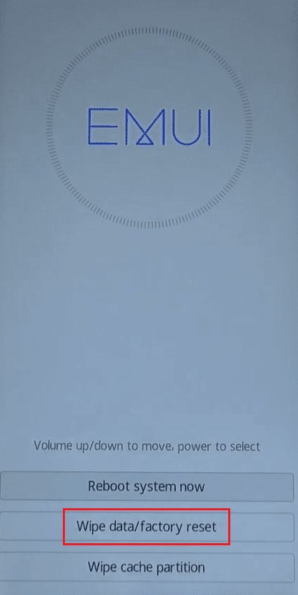 toque en borrar datos y restablecimiento de fábrica Modo de recuperación Honor Play EMUI