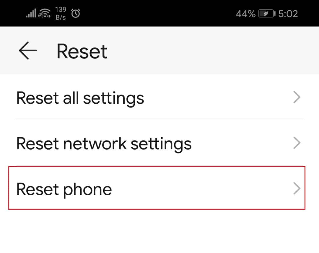 toque la opción Restablecer teléfono en Restablecer configuración del sistema