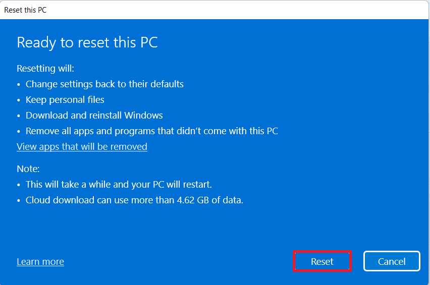 Completar la configuración de reinicio de la computadora | cómo hacer un restablecimiento completo de Windows 11