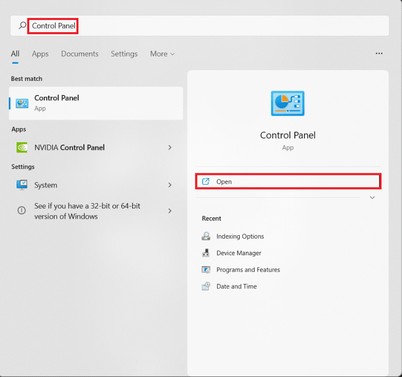 Resultados de la búsqueda del menú Inicio para el Panel de control.  Cómo habilitar la opción de energía de hibernación en Windows 11