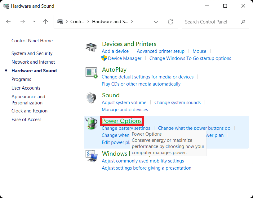 Ventana de hardware y sonido.  Cómo habilitar la opción de energía de hibernación en Windows 11