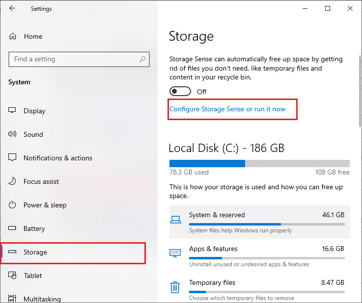 Luego, en el panel izquierdo, haga clic en la pestaña Almacenamiento y, en el panel derecho, seleccione el enlace Configure Storage Sense or run it now.  Reparar Windows no pudo buscar nuevas actualizaciones