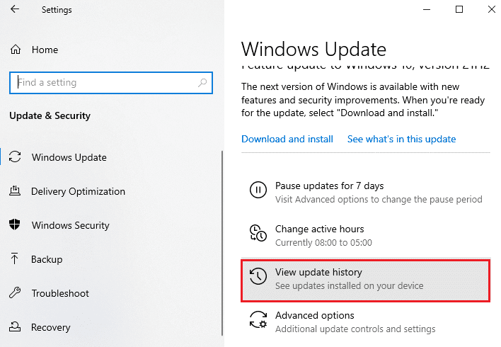 Ahora, haga clic en la opción Ver historial de actualizaciones.  Reparar Windows no pudo buscar nuevas actualizaciones