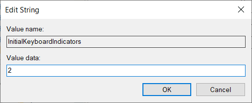 Establezca el valor de InitialKeyboardIndicators en 2 para activar Num lock en su dispositivo