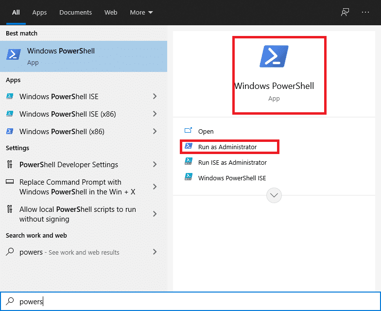Elija Windows PowerShell y luego seleccione Ejecutar como administrador