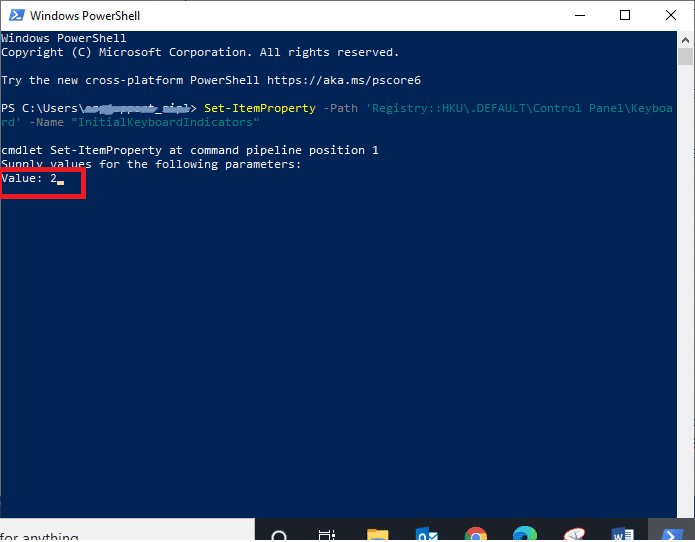 Establezca el valor en 2 para activar el bloqueo numérico en la computadora portátil.