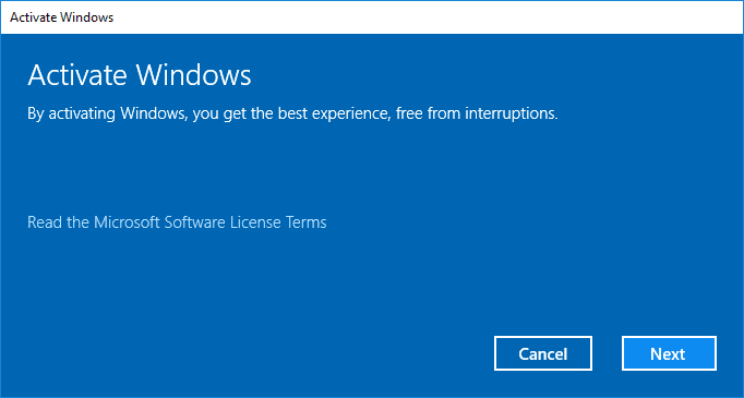 Haga clic en Siguiente para activar Windows 10
