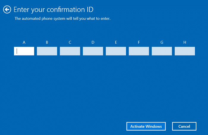 El sistema telefónico automatizado le pedirá que ingrese una identificación de instalación de 63 dígitos, luego haga clic en Activar Windows