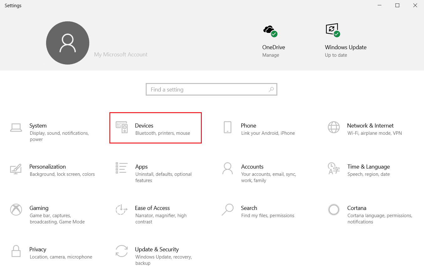haga clic en Configuración de dispositivos en Configuración de Windows. Arreglar el desplazamiento del panel táctil que no funciona en Windows 10
