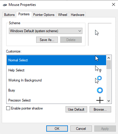 Vaya a la pestaña Punteros en las ventanas de propiedades del ratón. Arreglar el desplazamiento del panel táctil que no funciona en Windows 10