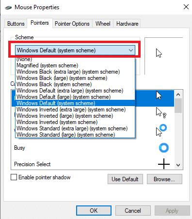 Abra la lista desplegable debajo del Esquema y elija un puntero diferente. Arreglar el desplazamiento del panel táctil que no funciona en Windows 10