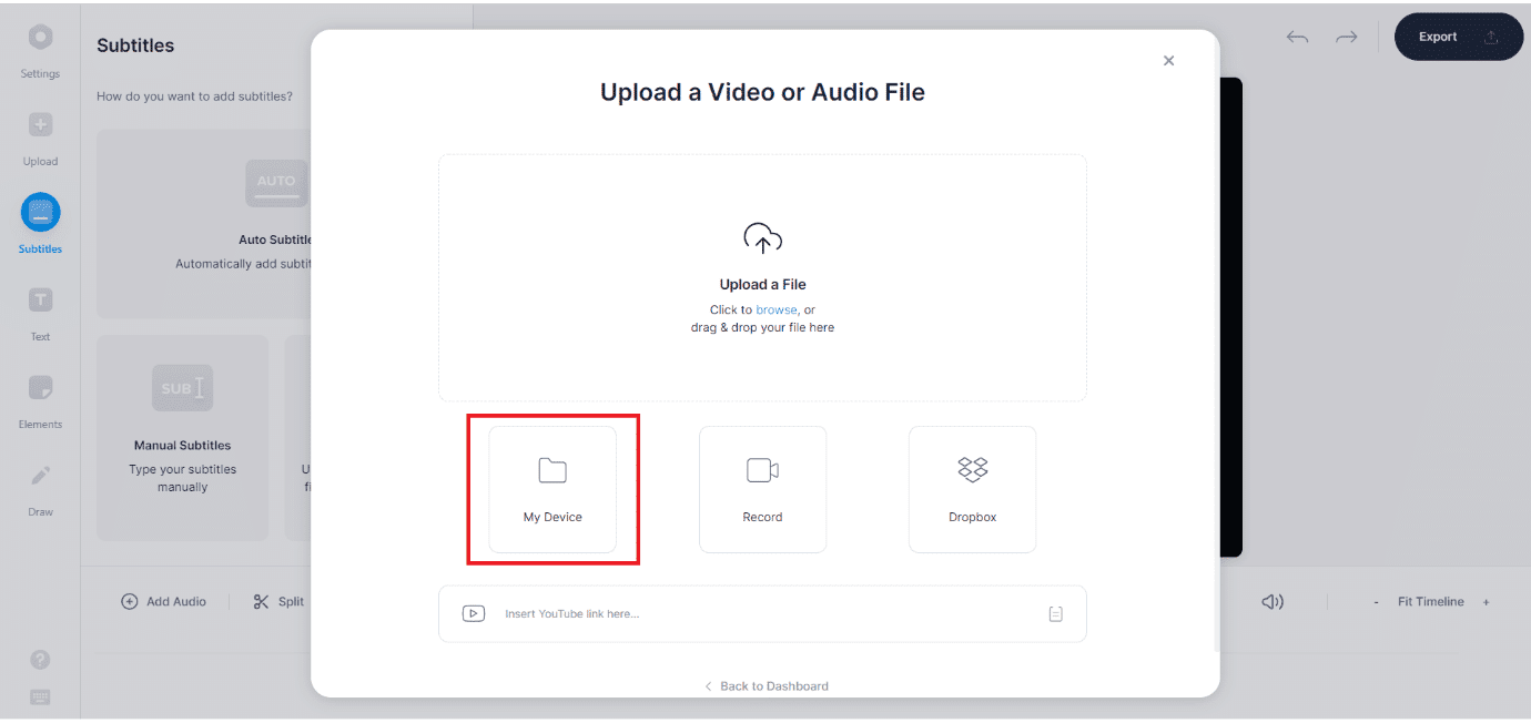 Ahora, cargue su archivo de video. Haga clic en la opción Mi dispositivo, como se muestra | Cómo agregar subtítulos a una película de forma permanente