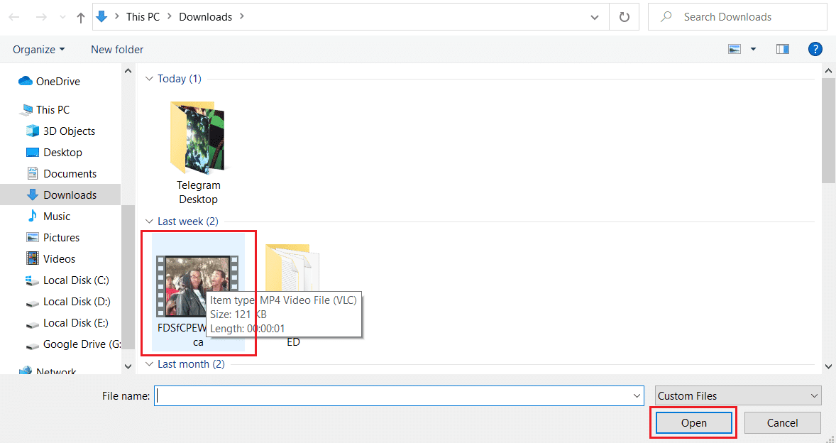 seleccione el video y haga clic en Abrir