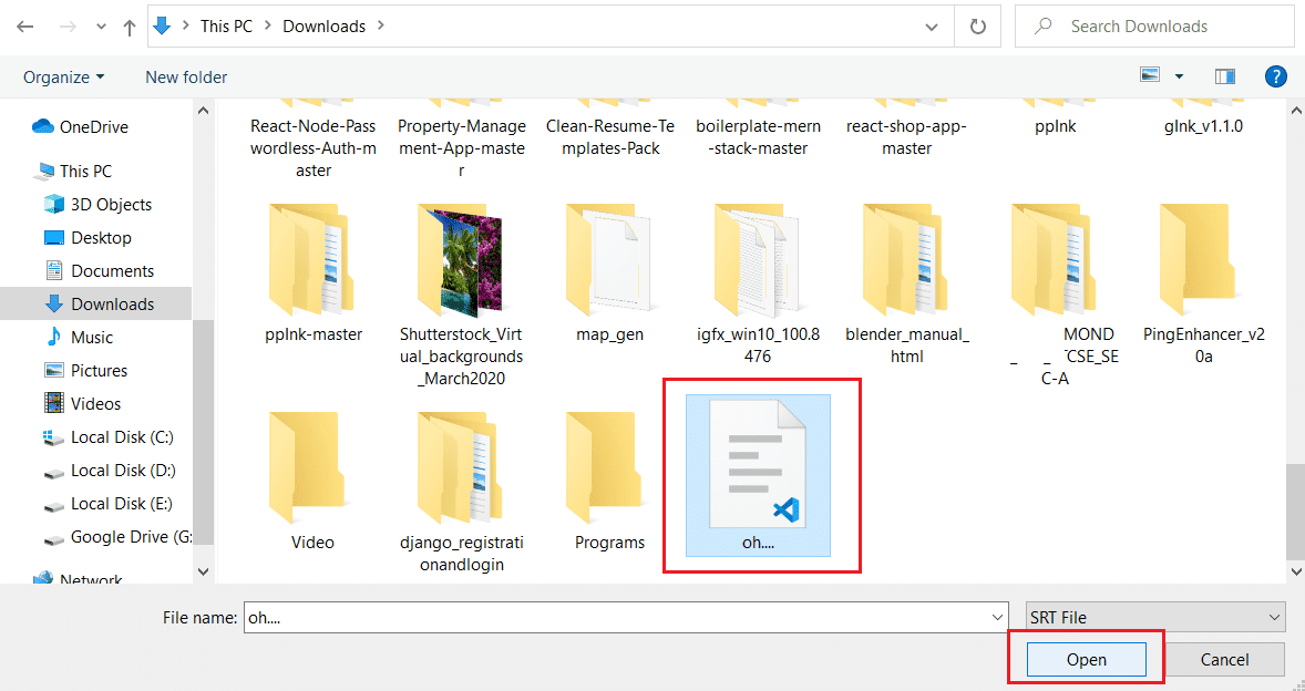seleccione el archivo de subtítulos y haga clic en Abrir