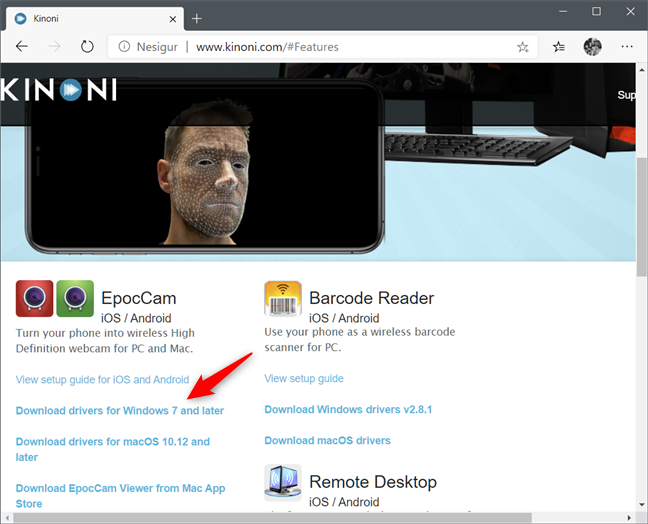 Descarga de los controladores de Windows desde el sitio web EpocCam de Kinoni