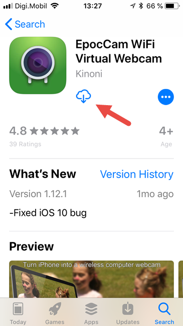La aplicación EpocCam WiFi Virtual Webcam en la App Store