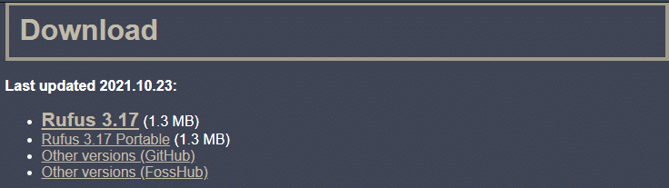 Opciones de descarga de Rufus.  ¿Cómo crear una unidad USB de arranque para Windows 11?