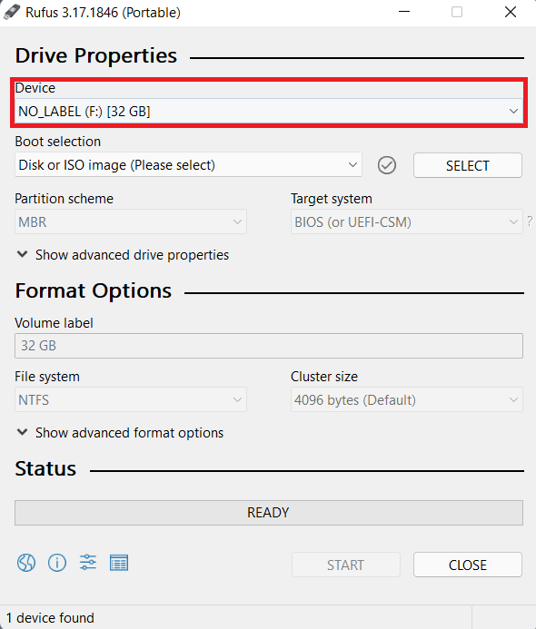 seleccione el dispositivo USB en la ventana de Rufus