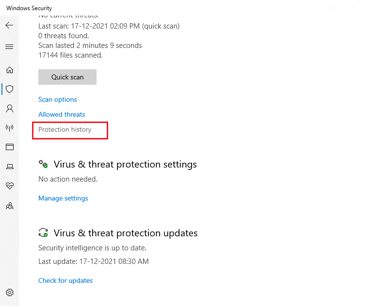 Haga clic en Historial de protección