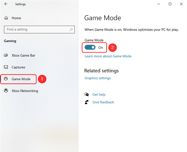 Habilitación del modo de juego en Windows 10