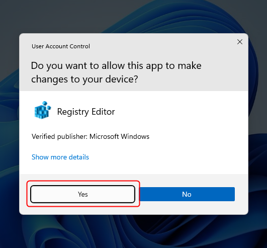 Presione Sí en la ventana Control de cuentas de usuario para acceder al Editor del Registro
