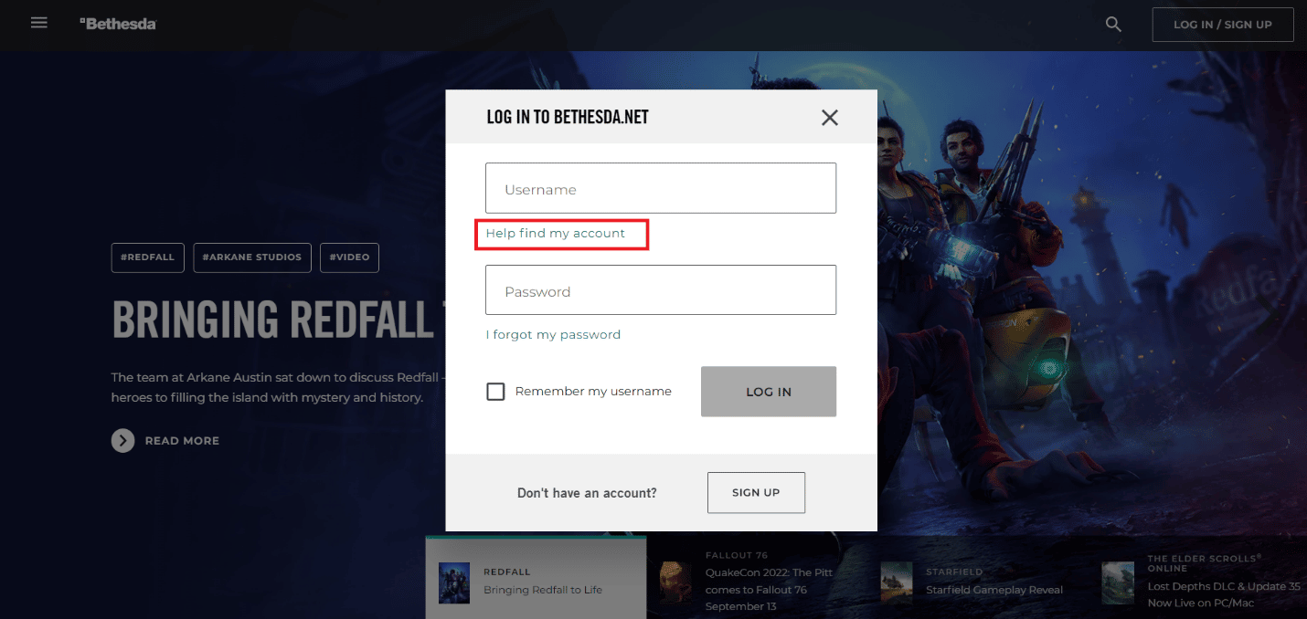 Haga clic en el enlace Ayuda para encontrar mi cuenta debajo del campo Nombre de usuario | Cómo recuperar la cuenta de Bethesda