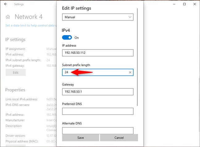 La configuración de la longitud del prefijo de subred de una conexión de red