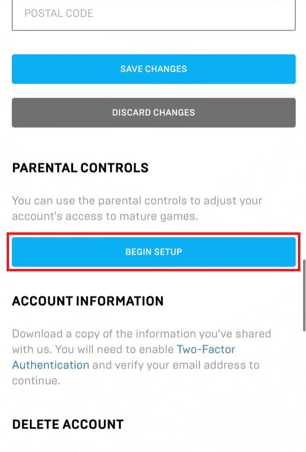 Deslícese hacia abajo y toque COMENZAR CONFIGURACIÓN debajo de CONTROLES PARENTALES | Cómo desactivar los controles parentales en Fortnite