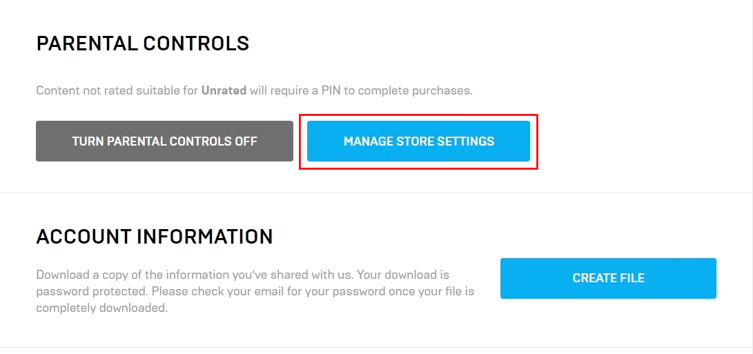 Desplácese hacia abajo hasta la sección GENERAL - CONTROL PARENTAL y haga clic en ADMINISTRAR LA CONFIGURACIÓN DE LA TIENDA