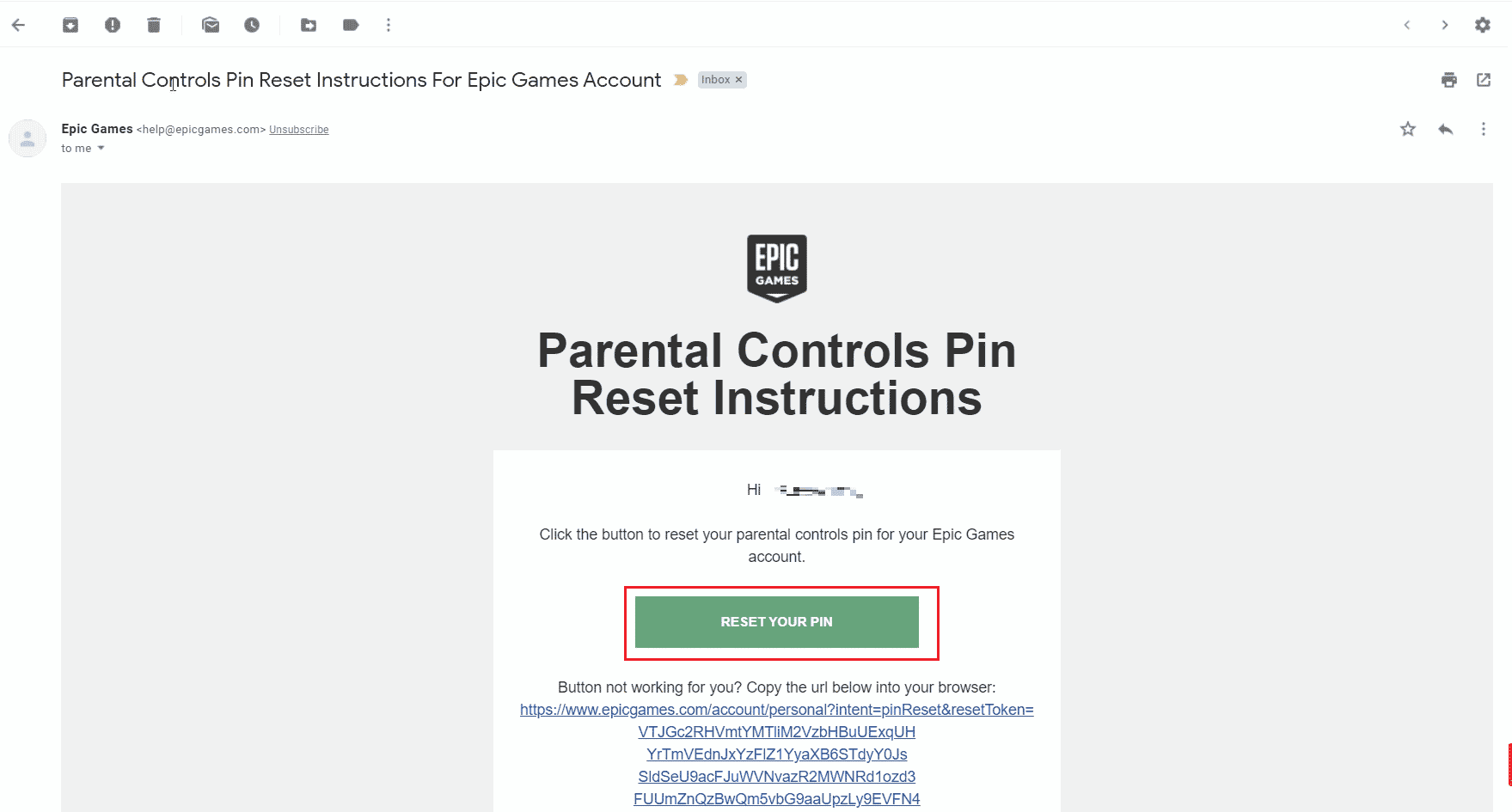 Abra el correo y toque REINICIAR SU PIN enviado al correo electrónico registrado