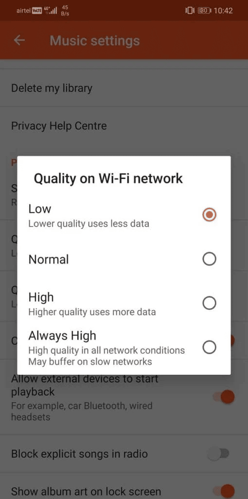 Establezca Calidad en la red Wi-Fi en Baja.  Solucionar el error de reproducción de música de Google en Android