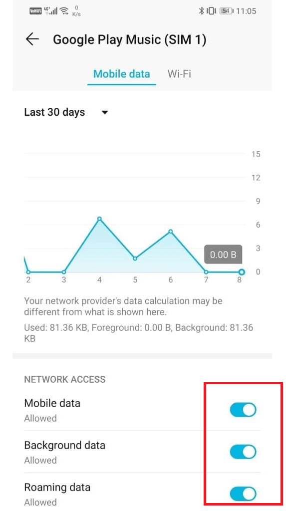 Habilite todas las opciones en ACCESO A LA RED.  Solucionar el error de reproducción de música de Google en Android