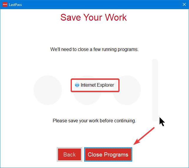 Instalador de LastPass para advertencia de complemento de Internet Explorer para programas en ejecución