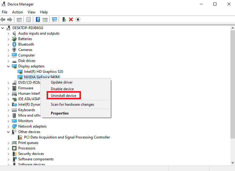 desinstalar el controlador nvidia geforce del dispositivo.  Arreglar el controlador NVIDIA no compatible con esta versión de Windows