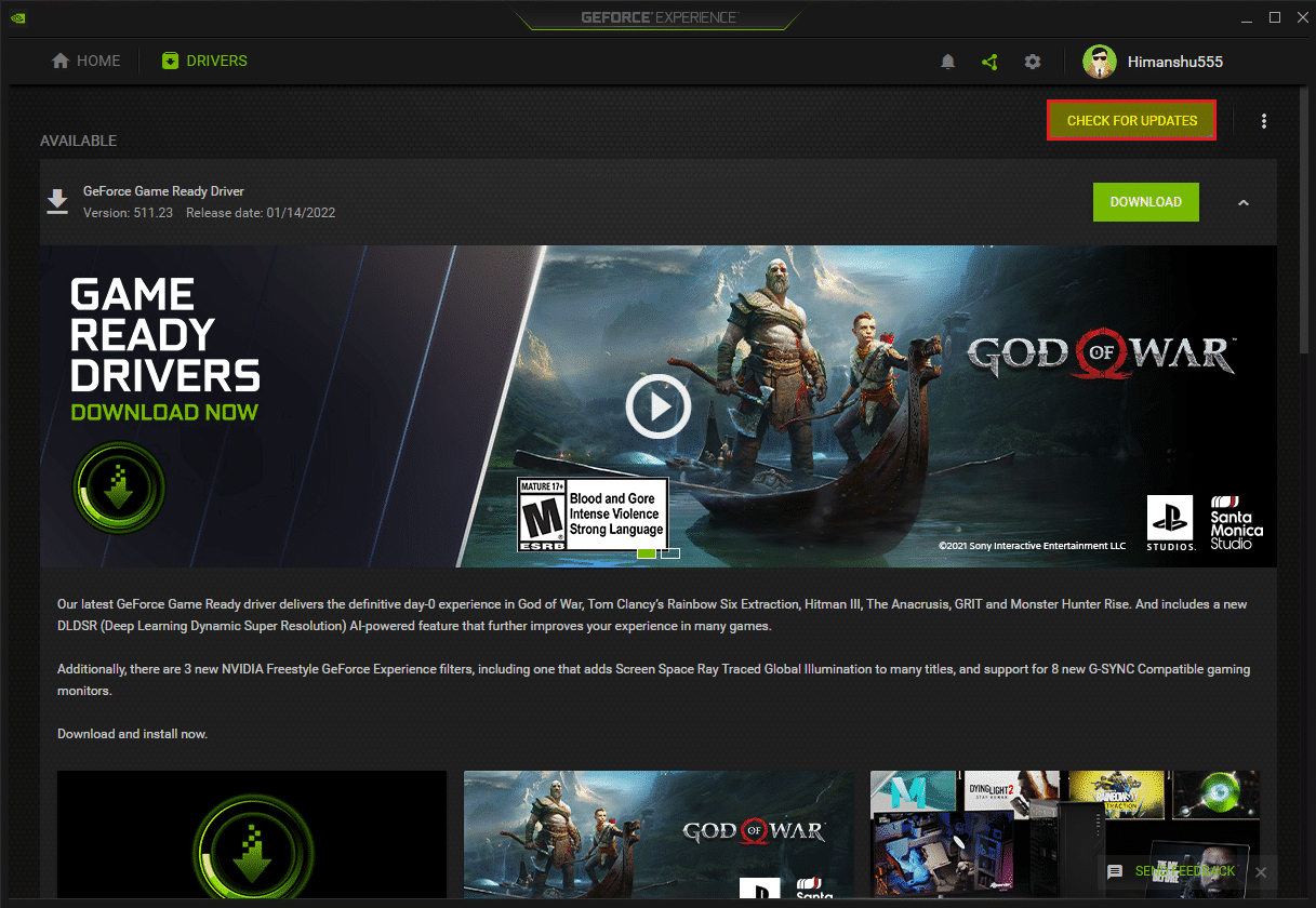 haga clic en el botón Buscar actualizaciones en la experiencia de geforce.  Arreglar el controlador NVIDIA no compatible con esta versión de Windows